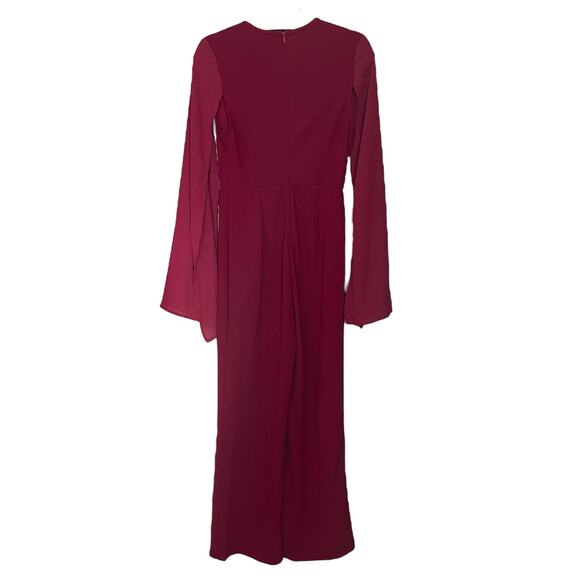 Wdirara Womens XS Wide Leg Jumpsuit Red Wine V-Neck Sheer Sleeve Elegant NWT - Picture 3 of 10